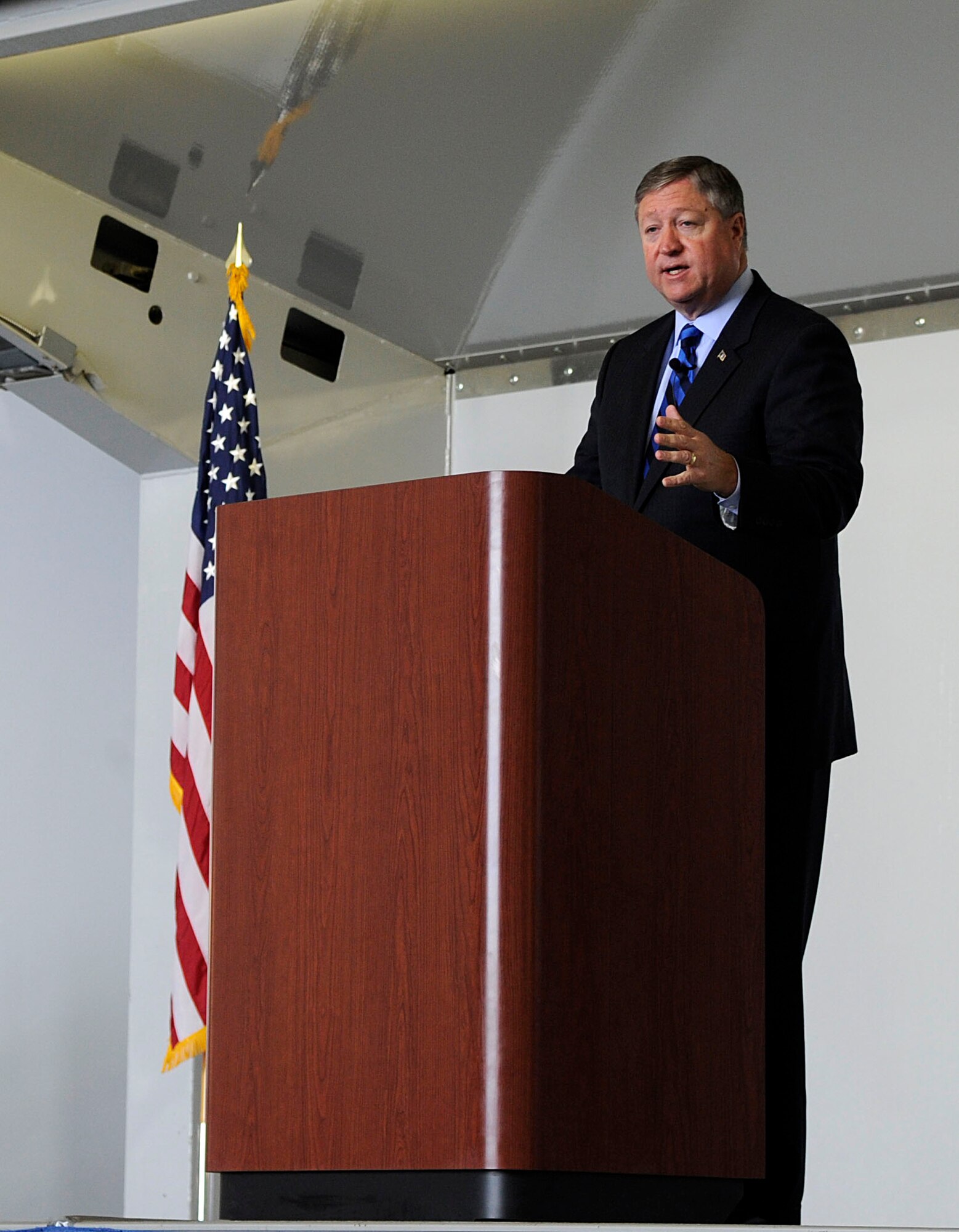 Secretary of the Air Force Michael Donley addresses Airmen May 21, 2012, inside Hangar 21 at Joint Base Elmendorf-Richardson, Alaska. Donley visited JBER to speak to Airmen about the direction of the Air Force, visit them on the job and find out their concerns.  (U.S. Air Force photo/Staff Sgt. Zachary Wolf)