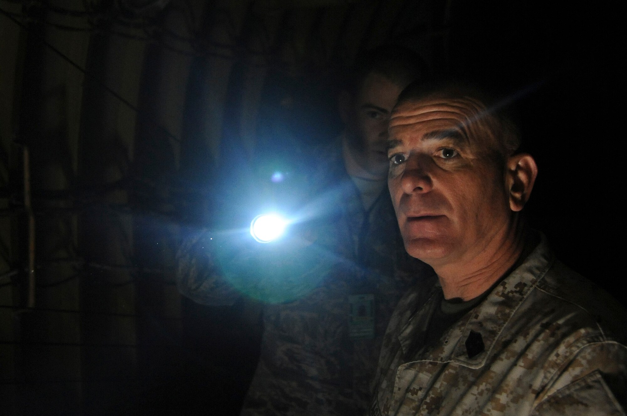 Staff Sgt. Matthew Dennis, 2nd Aircraft Maintenance Squadron, shows U.S. Marine Corps Sgt. Maj. Bryan Battaglia, senior enlisted advisor to the chairman of the Joint Chiefs of Staff, where the aerial tailgunner use to sit inside the B-52 on Barksdale Air Force Base, La., May 22. The 60-year-old aircraft is now capable of being equipped with radar jamming equipment, heat seeking flares and other defensive measures, eliminating the need for tail gunners.  Battaglia visited Barksdale to interact with Airmen and find out what issues are important to them on and off duty. (U.S. Air Force photo/Airman 1st Class Micaiah Anthony)(RELEASED)