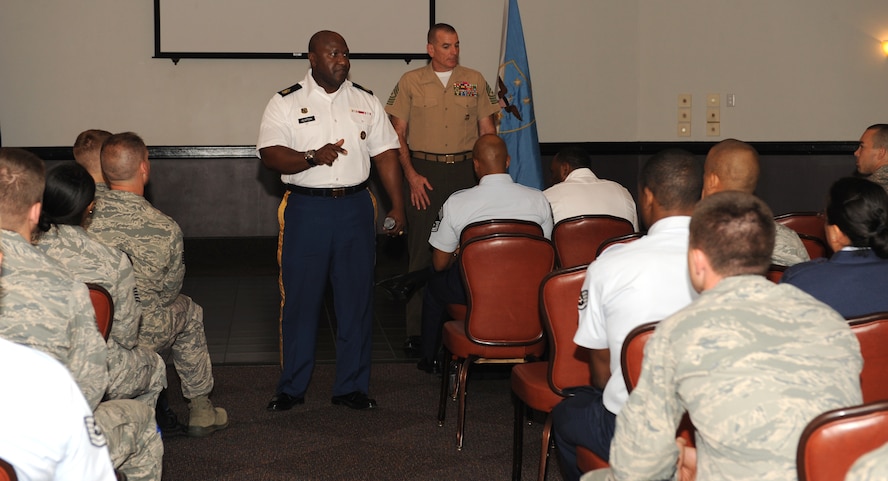 U.S. Army Command Sgt. Maj. Patrick Alston, senior enlisted leader to the U.S. Strategic Command, briefs junior NCOs at the Barksdale Club on Barksdale Air Force Base, La., May 21. Alston and U.S. Marine Corps Sgt. Maj. Bryan Battaglia, senior enlisted advisor to the chairman of the Joint Chiefs of Staff, visited Barksdale to meet with base Airmen and discuss issues relevant to all service members. (U.S. Air Force photo/Airman 1st Class Benjamin Gonsier)(RELEASED)