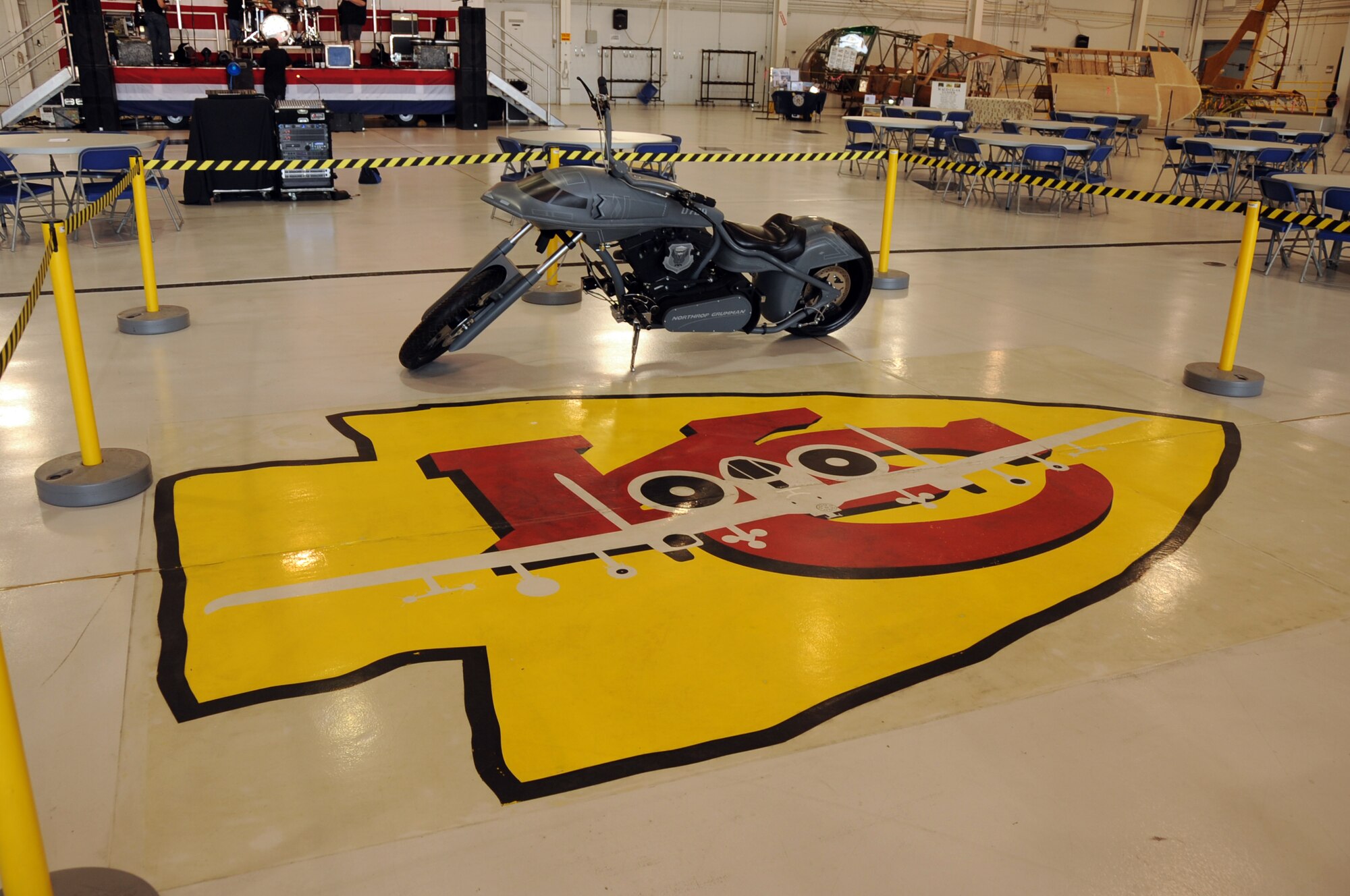 The B-2 Chopper was on display in the A-10 Thunderbolt II 5-bay hangar during the Wings Over Whiteman airshow, May 19-20. The B-2 bomber is flown by the 509th Bomb Wing, and the A-10 is flown by the 442nd Fighter Wing, an Air Force Reserve unit here. (U.S. Air Force photo/Staff Sgt. Lauren Padden)