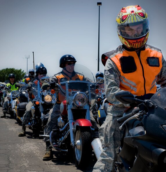 Dyess Motorcyclists prepare for a safety ride May 18, 2012, at Dyess Air Force Base, Texas. The safety briefing was hosted by the Green Knights Motorcycle Club encouraging safety through mentorship during the 101 Critical Days of Summer. (U.S. Air Force photo by Airman 1st Class Jonathan Stefanko/ Released)