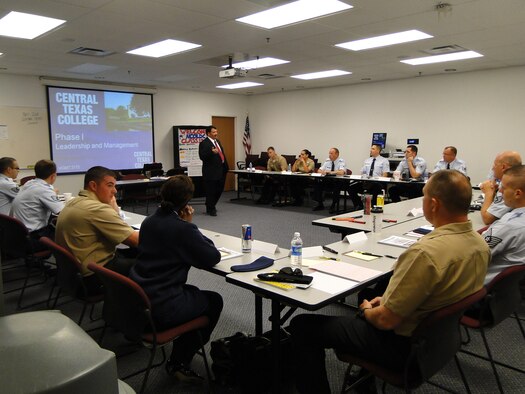 Mr. Rex Ice, a civilian instructor for Central Texas College, begins the first day of the 301st Fighter Wing Noncommissioned Officer Leadership Development Course Monday, April 23, at Naval Air Station Fort Worth Joint Reserve Base, Texas. This was the first joint class to be held at the wing and the largest multi-branch class to be held in the Air Force Reserve Command. During the class, NCOs learned leadership principles and how to conduct supervisory tasks. (Courtesy photo)