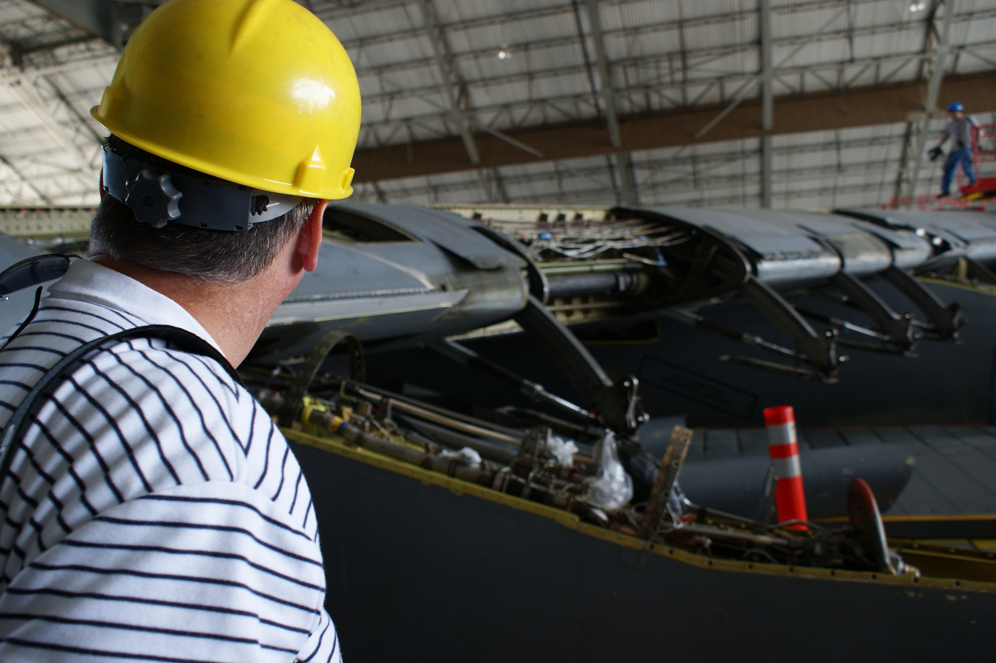 Jim Johnson from the Wichita Falls civic leaders group gets an up-close look at a C-5 aircraft in isolation dock at Dover Air Force Base, Del., May 16, 2012. The civic leaders took tours of Sheppard, Altus, Dover and Offutt Air Force Bases to enhance their understanding of the global Air Force mission. (U.S. Air Force photo/Dan Hawkins)