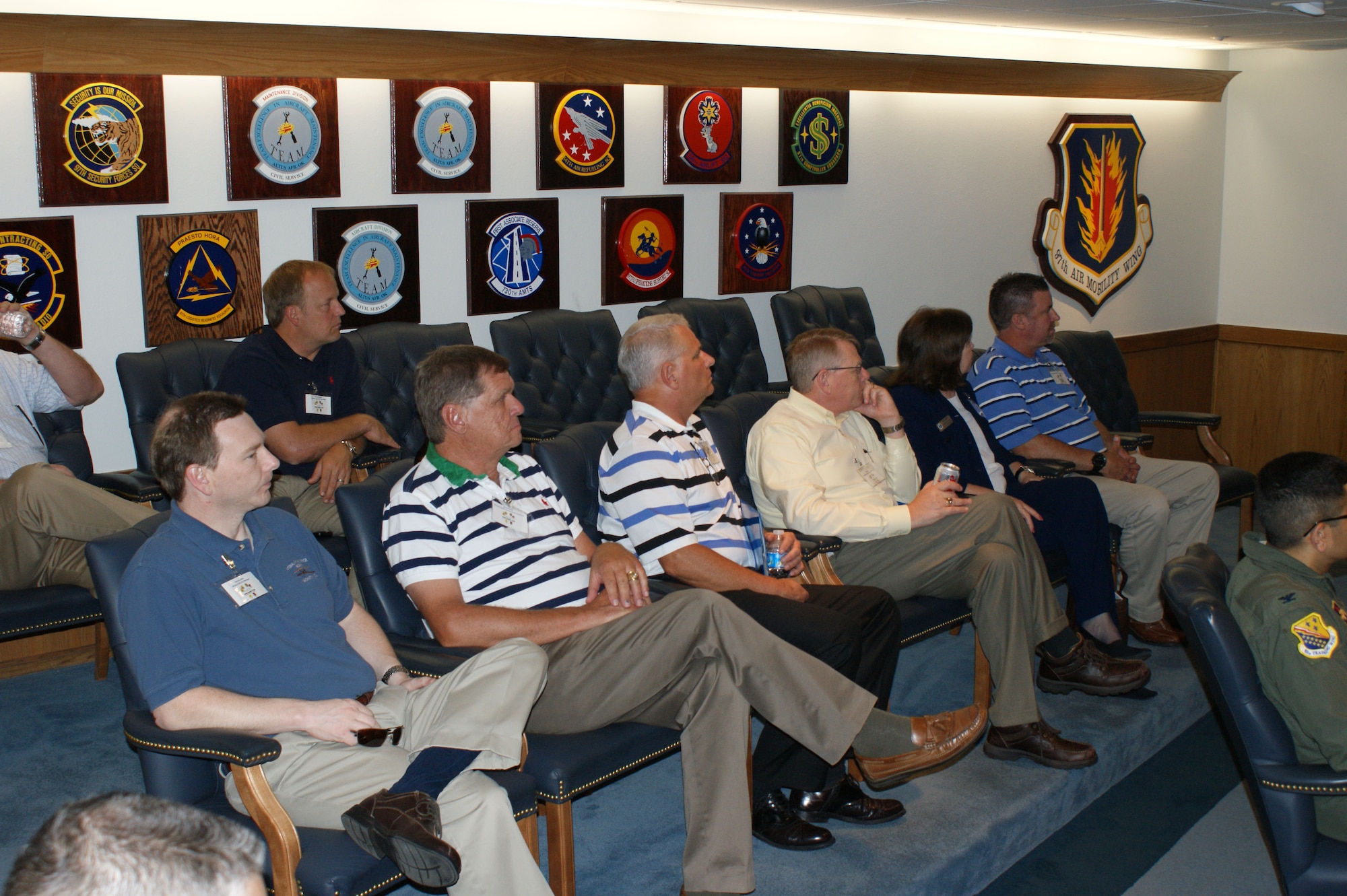 Civic leaders from the Wichita Falls area receive a mission briefing at 97th Air Mobility Wing headquarters on May 16, 2012 at Altus Air Force Base. The civic leaders took tours of Sheppard, Altus, Dover and Offutt Air Force Bases to enhance their understanding of the global Air Force mission. (U.S. Air Force photo/Dan Hawkins)