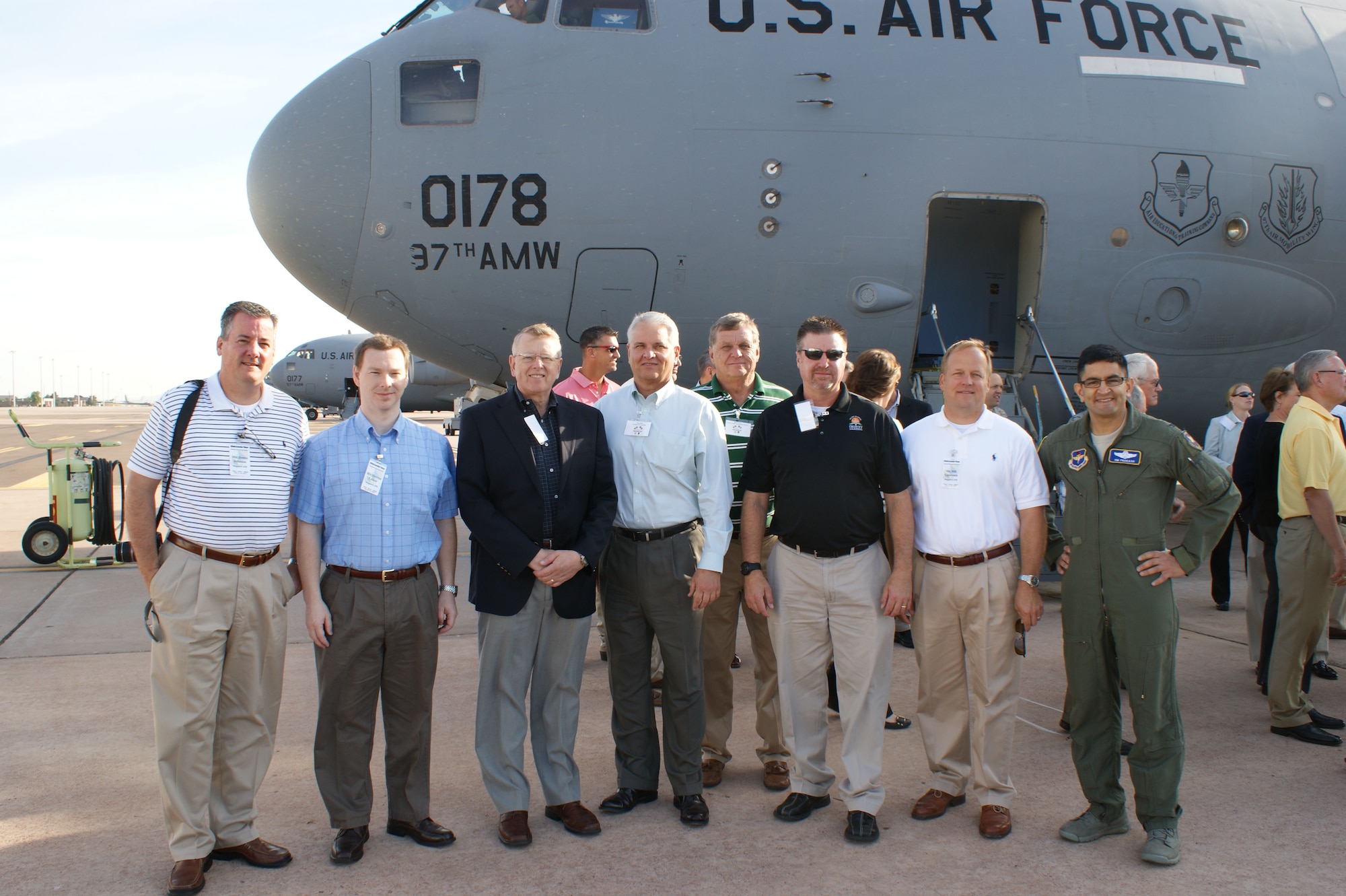 Civic leaders from the Wichita Falls area pose with Col. Om Prakash, 82nd Training Wing vice-commander, prior to boarding a C-17 Globemaster flight May 17, 2012 at Altus Air Force Base, Okla. The civic leaders took tours of Sheppard, Altus,  Dover and Offutt Air Force Bases to enhance their understanding of the global Air Force mission. (U.S. Air Force photo/Dan Hawkins)