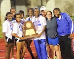 The Randolph High School Lady Ro-Hawks track team celebrates after winning the state title May 11 in a state-wide competition hosted at Mike A. Myers Stadium, University of Texas at Austin, Texas. (Courtesy photo)