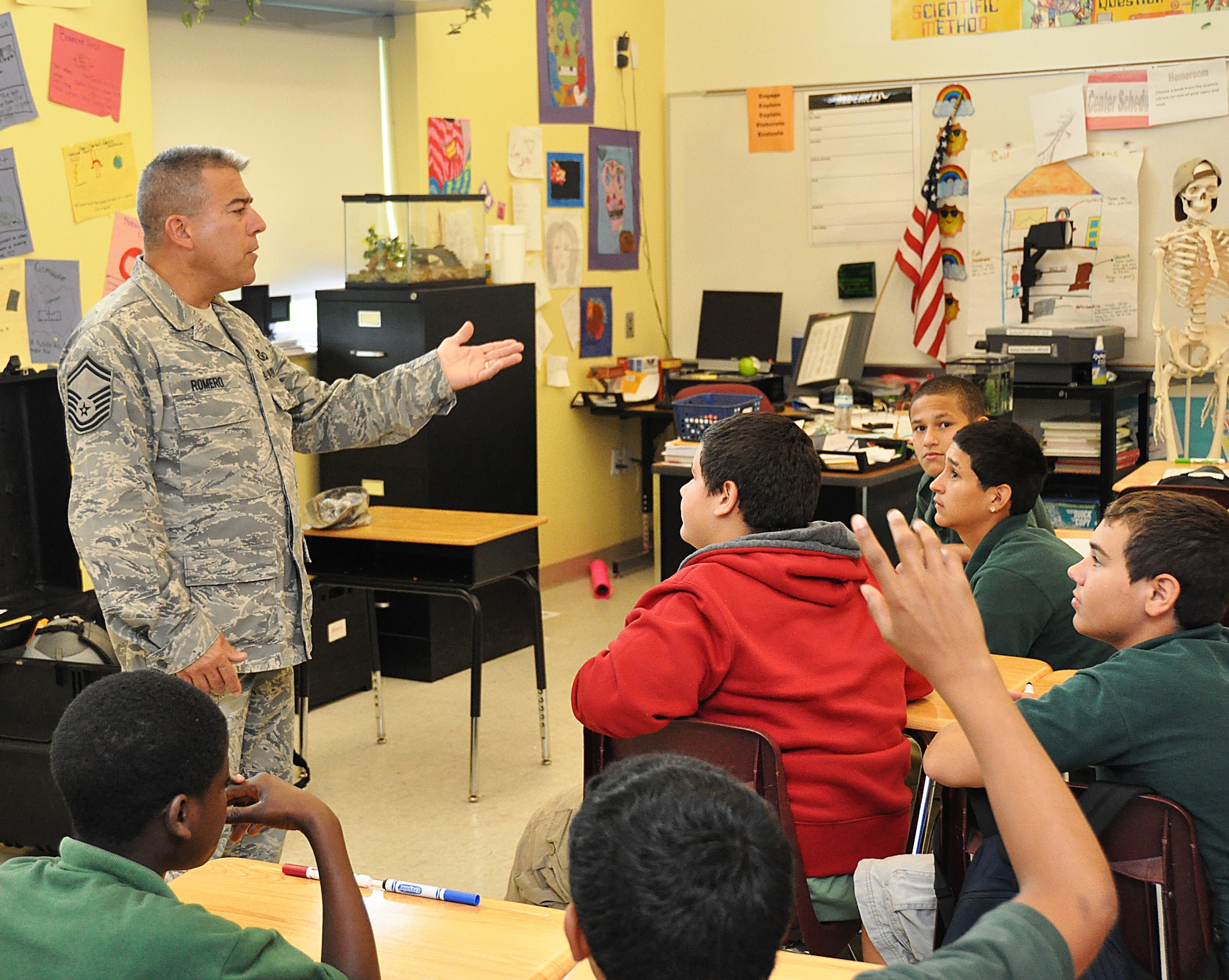 Senior Master Sgt. Tony Romero, 482nd Operations Planner for Compliance and Readiness  from Homestead Air Reserve Base visited the Manderin Lakes K-8 Academy to help students contemplate this question during career day, May 18. (U.S. Air Force photo/ Staff Sgt. Lou Burton)