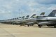 Several F-16's line up on the flight line in preparation for an Operation Readiness Exercise elephant walk at Shaw Air Force Base, S.C., May 21, 2012. an elephant walk demonstrates the 20th Fighter Wing's ability to generate aircraft in response to global taskings. (U.S. Air Force photo by Senior Airmen Tabatha McCarthy/released)
