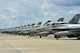 Several F-16's line up on the flight line in preparation for an Operation Readiness Exercise elephant walk at Shaw Air Force Base, S.C., May 21, 2012. an elephant walk demonstrates the 20th Fighter Wing's ability to generate aircraft in response to global taskings. (U.S. Air Force photo by Senior Airmen Tabatha McCarthy/released)