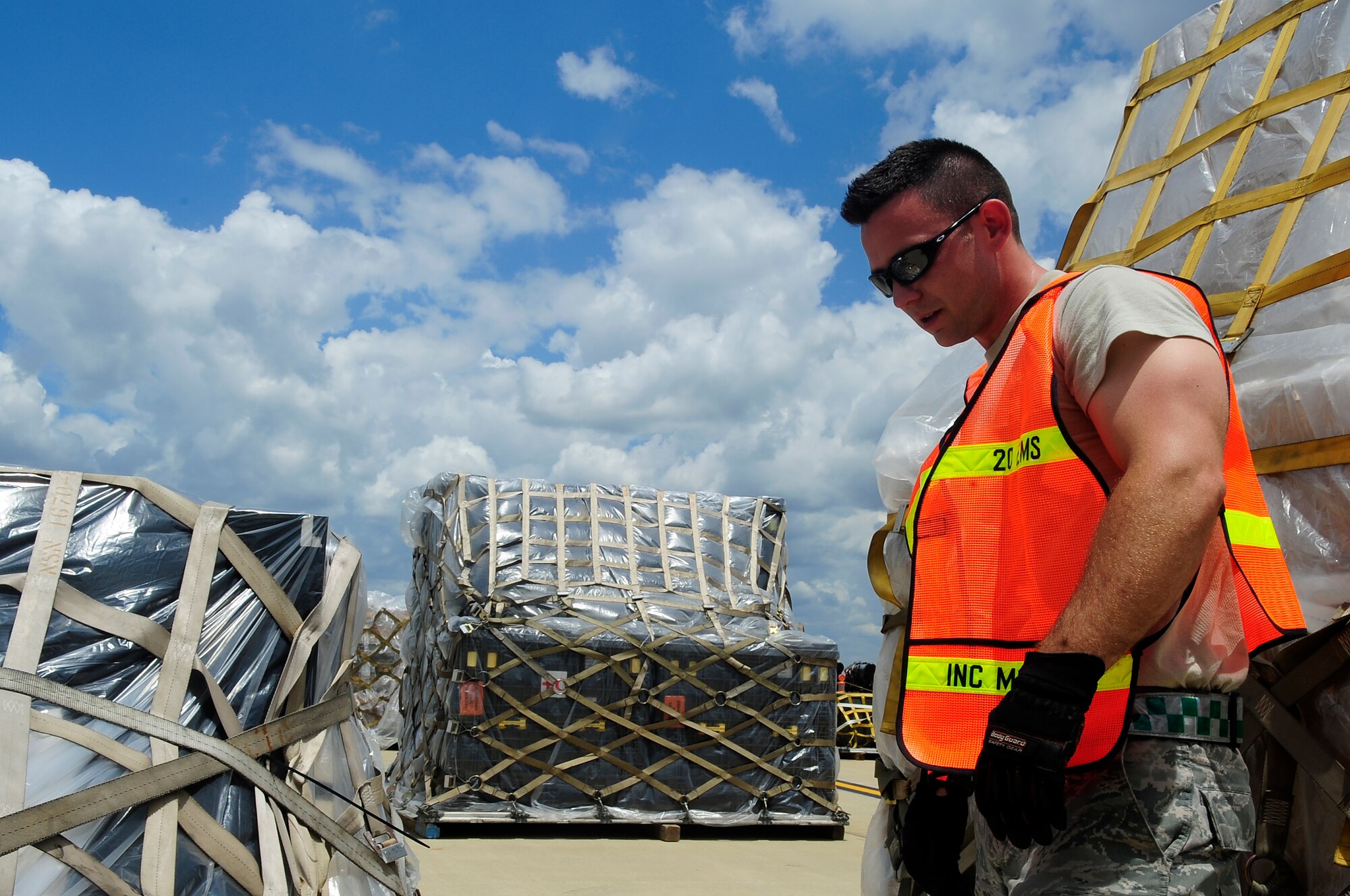U.S. Air Force Staff Sgt. Scott Wetsel, 20th Equipment Maintenance Squadron aerospace ground equipment craftsmen, secures cargo for an Operational Readiness Exercise at Shaw Air Force Base, S.C., May 21, 2012. An ORE evaluates the 20th Fighter Wing's ability to meet wartime and contingency tasks. (U.S. Air Force photo by Airman 1st Class Hunter Brady/Released)
