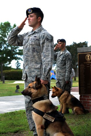 Airmen from the 628th Security Forces Squadron salute the flag during the “National Police Week” retreat ceremony May 18, 2012 at Joint Base Charleston, S.C. During National Police Week, Security Forces members honor law enforcement personnel who have fallen.  Joint Base Charleston held other activities and events for Police Week to include a ‘Guns and Hoses’ competition against the 628th Civil Engineer Squadron and a Chili Cook Off. (U.S. Air Force photo/Airman 1st Class Ashlee Galloway)
