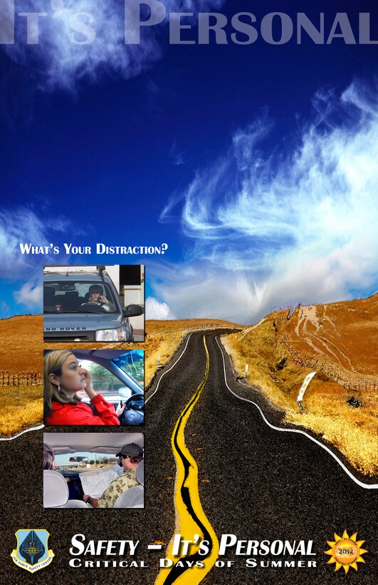 The What's Your Distraction poster is a 2012 Summer Campaign product available to Air Force personnel to use to raise awareness of various distractions that negatively affect safety.