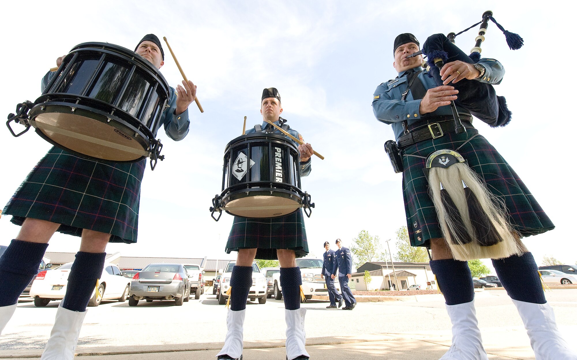 Members of the Delaware State Police Pipes & Drums practice prior to a retreat ceremony hosted by the 436th Security Forces Squadron May 18, 2012, at Dover Air Force Base, Del. National Police Week culminated with the observance of the retreat ceremony. (U.S. Air Force photo by Roland Balik)
