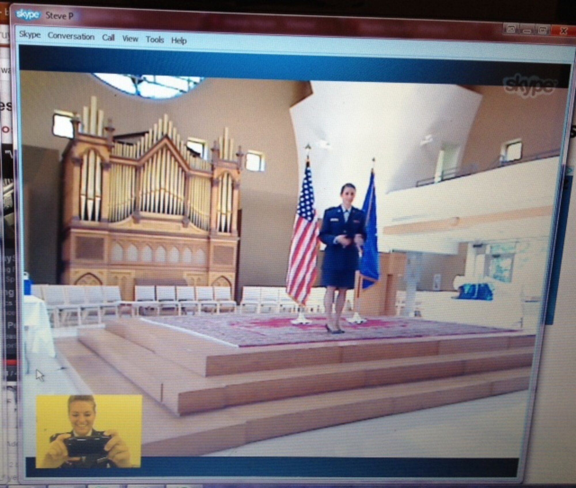 ANDERSEN AIR FORCE BASE, Guam--2nd Lt. Sarah Bergstein, left, administers the Oath of Office via Skype to 2nd Lt. Jaclyn Bergstein at Air Force Reserve Officer Training Corps' Detachment 750 commissioning ceremony May 19. (U.S. Air Force photo by 2nd Lt. Sarah Bergstein/Released).
