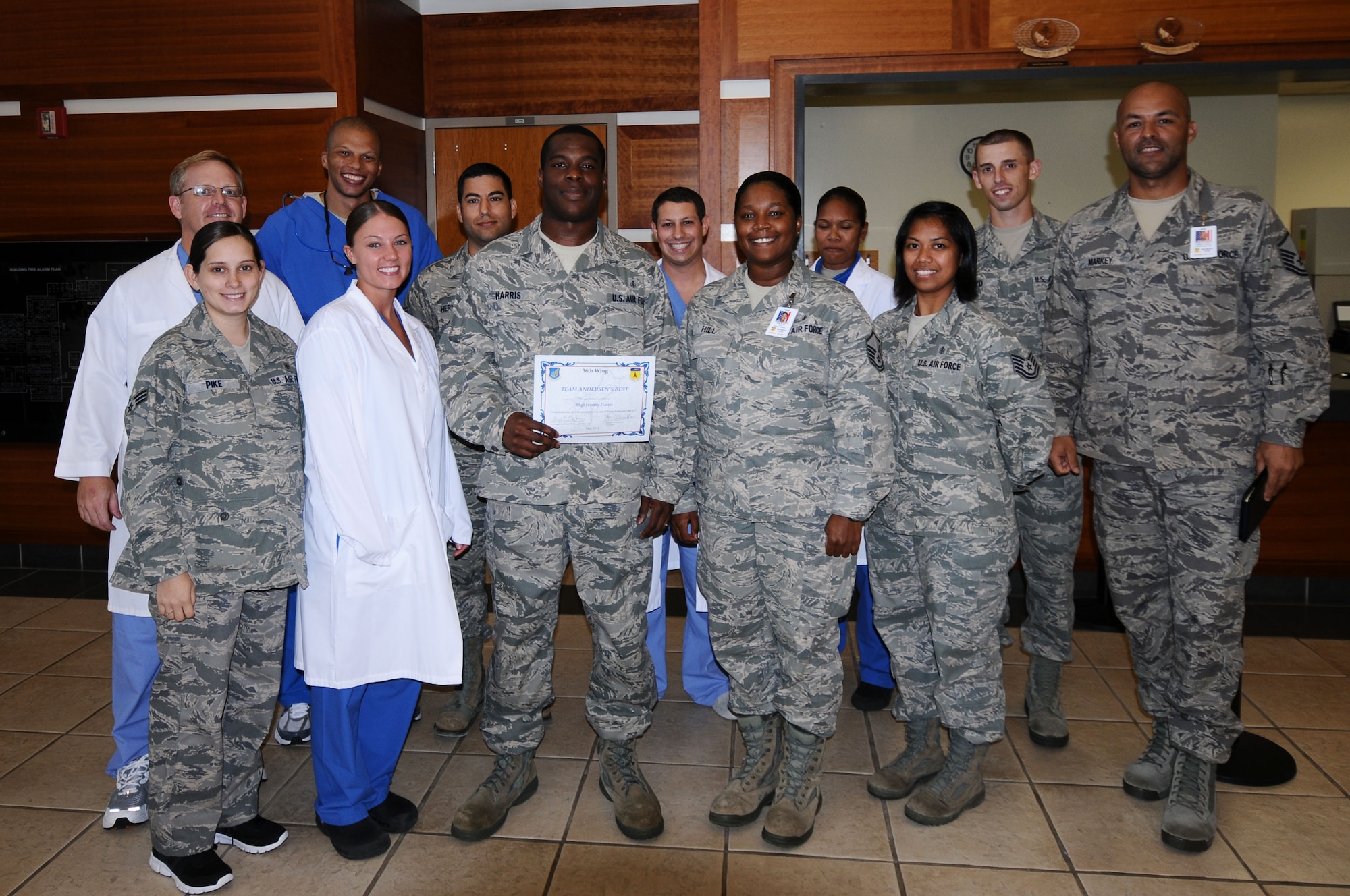 Staff Sgt. Jeremy Harris, 36th Medical Group dental hygienist, was awarded Andersen’s Best May 11.  Andersen's Best is a recognition program which highlights a top performer from the 36th Wing. Each week, supervisors nominate a member of their team for outstanding performance and the wing commander presents the selected Airman/civilian with an award. To nominate your Airmen/civilian for Andersen's Best, contact your unit chief or superintendent explaining their accomplishments.  (U.S. Air Force photo by Senior Airman Carline Leslie/released)  