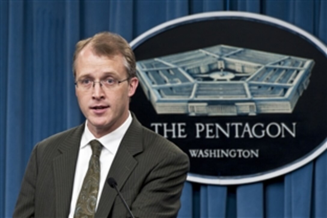 Pentagon Press Secretary George E. Little briefs the press at the Pentagon, May 22, 2012.
