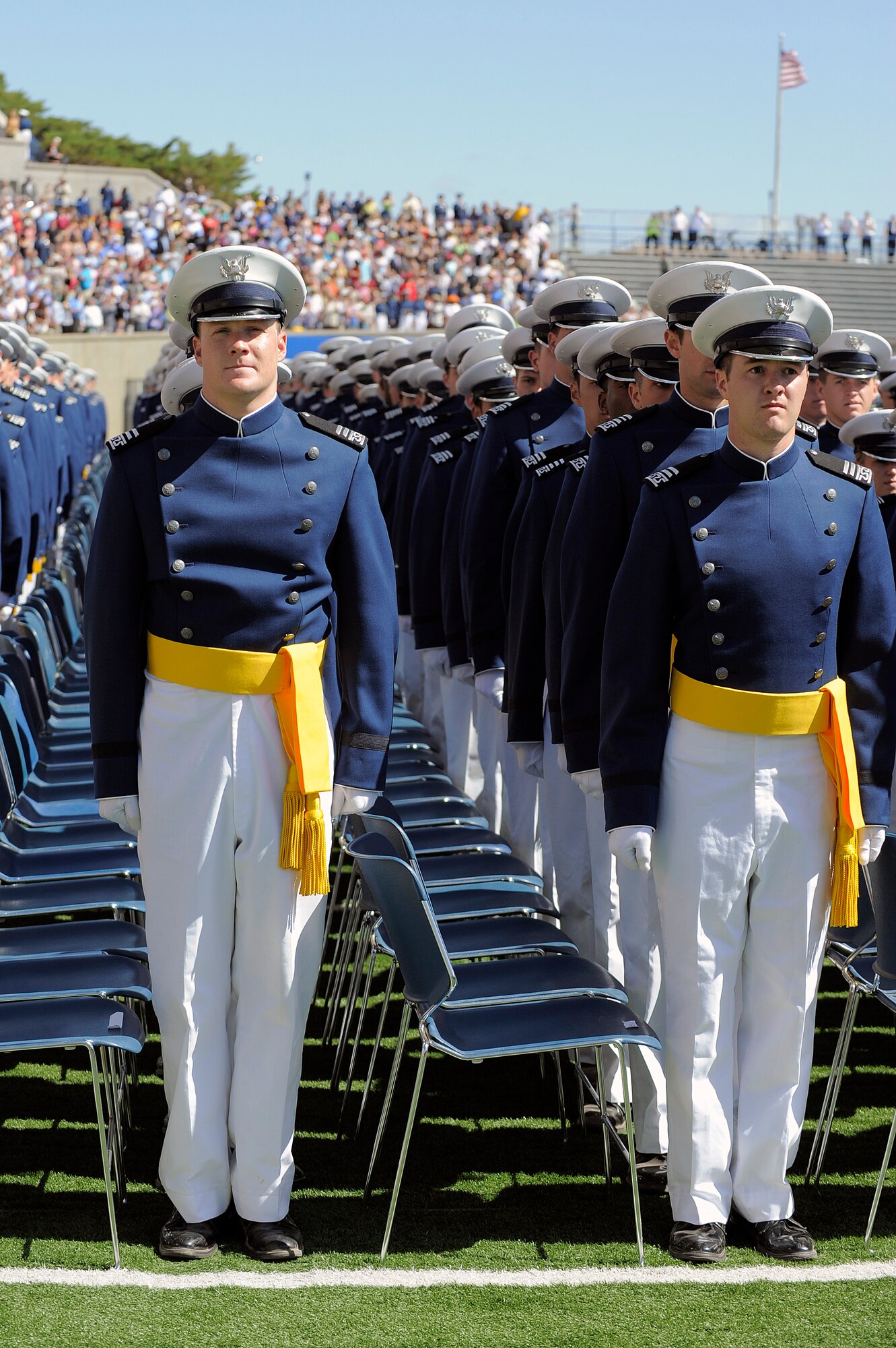 Cadets in the Air Force Academy's Class of 2012 march into Falcon Stadium to kick off the gradution ceremony in Colorado Springs, Colo. May 23, 2012. An audience of more than 28,000 people attended the ceremony, which featured a commencement address by President Barack Obama and an air show by the Thunderbirds Air Force Aerial Demonstration Squadron. (U.S. Air Force photo/Raymond McCoy)