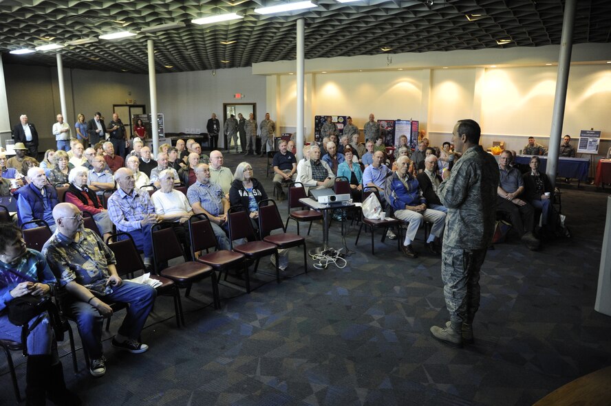 Gen. Raymond Johns, Jr., Air Mobility Command commander, speaks to Eastern Washington Air Force retirees in the Deel Community Center at Fairchild Air Force Base, Wash., during the 92nd Air Refueling Wing’s Annual Retiree Day event May 17, 2012. (U.S. Air Force photo by Airman 1st Class Ryan Zeski/Released)