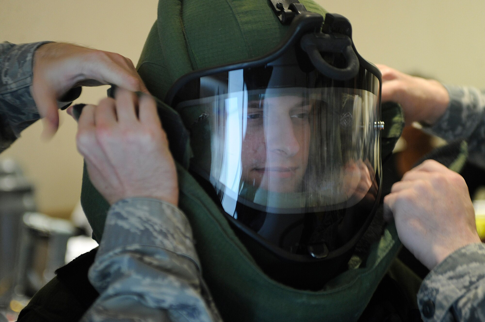 VANDENBERG AIR FORCE BASE, Calif. -- Senior Airman Andrew Van Cleave, a 30th Civil Engineer Squadron member, wears a bomb suit during a safety expo at the Pacific Coast Club here Wednesday, May 23, 2012. Multiple organizations participated in the expo to show safety equipment and services they provide on and off base. (U.S. Air Force photo/Staff Sgt. Andrew Satran)  