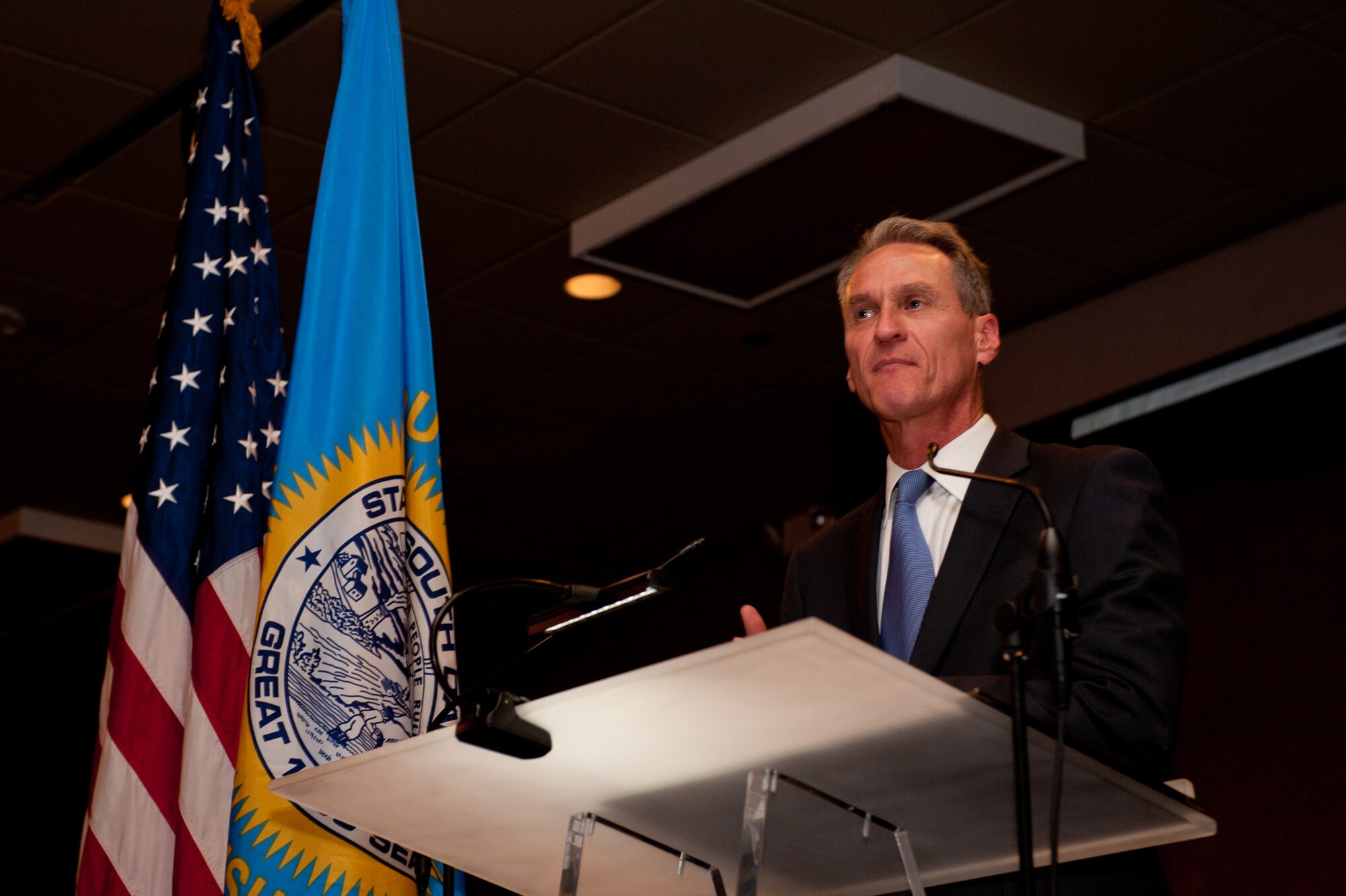 South Dakota Gov. Dennis Daugaard thanked the Airmen of Ellsworth Air Force Base, past and present, for the vital role they have played in our nation’ defense,  during a 70th Anniversary Celebration Dinner in Rapid City, S.D., May 19, 2012. The event began with a social hour, followed by dinner and addresses by Daugaard and Air Force Chief of Staff, Gen. Norton Schwartz. (U.S. Air Force photo by Airman 1st Class Kate Thornton/Released)