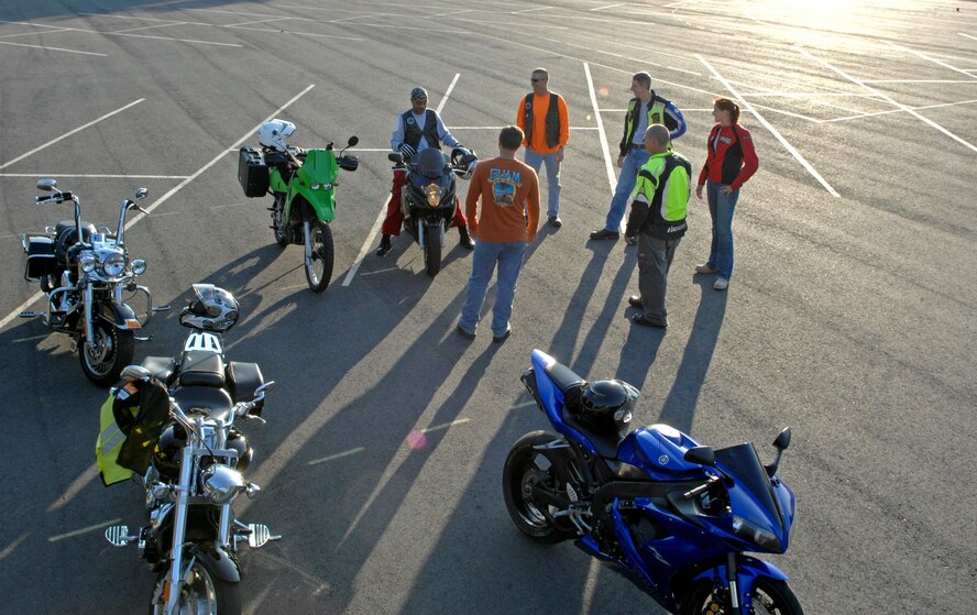 A group of riders from Barksdale Air Force Base, La., meets at the motorcycle safety range here to practice and mentor together May 21. The motorcycle range is now open during daylight hours for motorcycle riders to use while the renovations of the 8th Air Force headquarters continue. (U.S. Air Force photo/Staff Sgt. Jason McCasland)(RELEASED)
