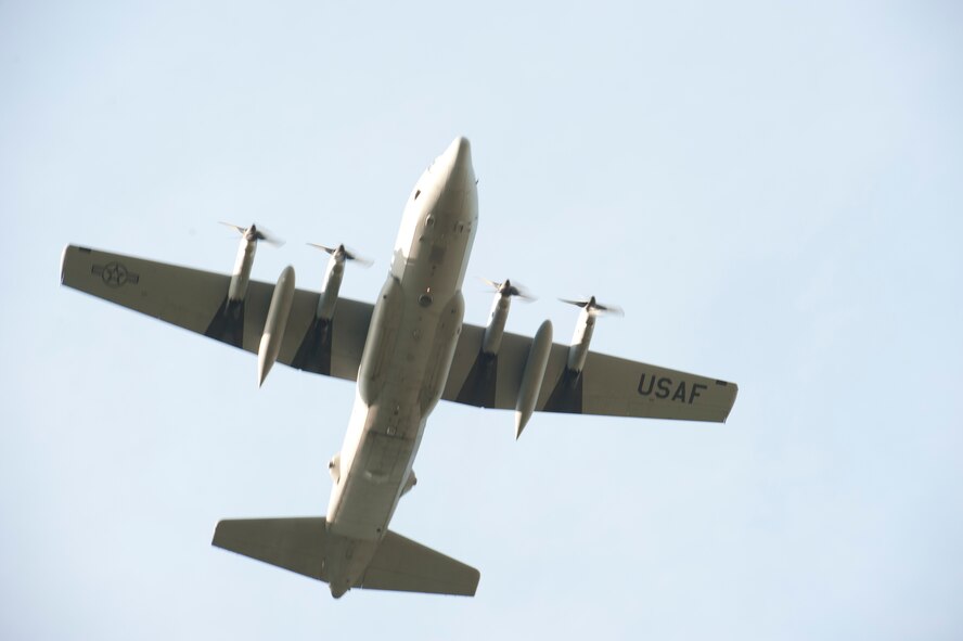 A 910th Airlift Wing C-130H Hercules aircraft performs a flyover during the opening ceremony of a race at Sharon Speedway, May 19, 2012. The event was held in honor of Armed Forces Day. Service members from Youngstown Air Reserve Station and Hermitage National Guard Armory participated in a Joint Service Color Guard to present the colors.