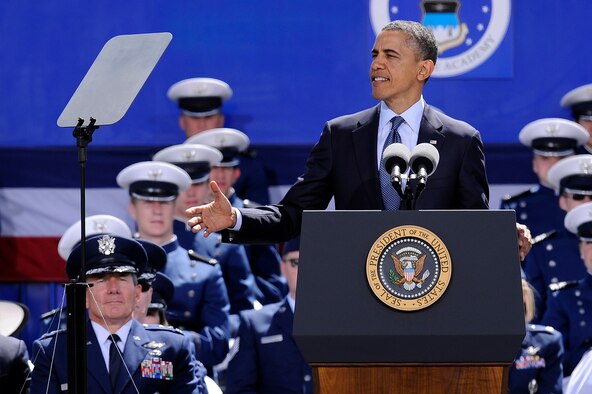 President Barack Obama delivers the commencement speech to the Air Force Academy Class of 2012 at Falcon Stadium in Colorado Springs, Colo., May 23, 2012. The Class of 2012 is the Academy's 54th graduating class. (U.S. Air Force photo/Mike Kaplan)