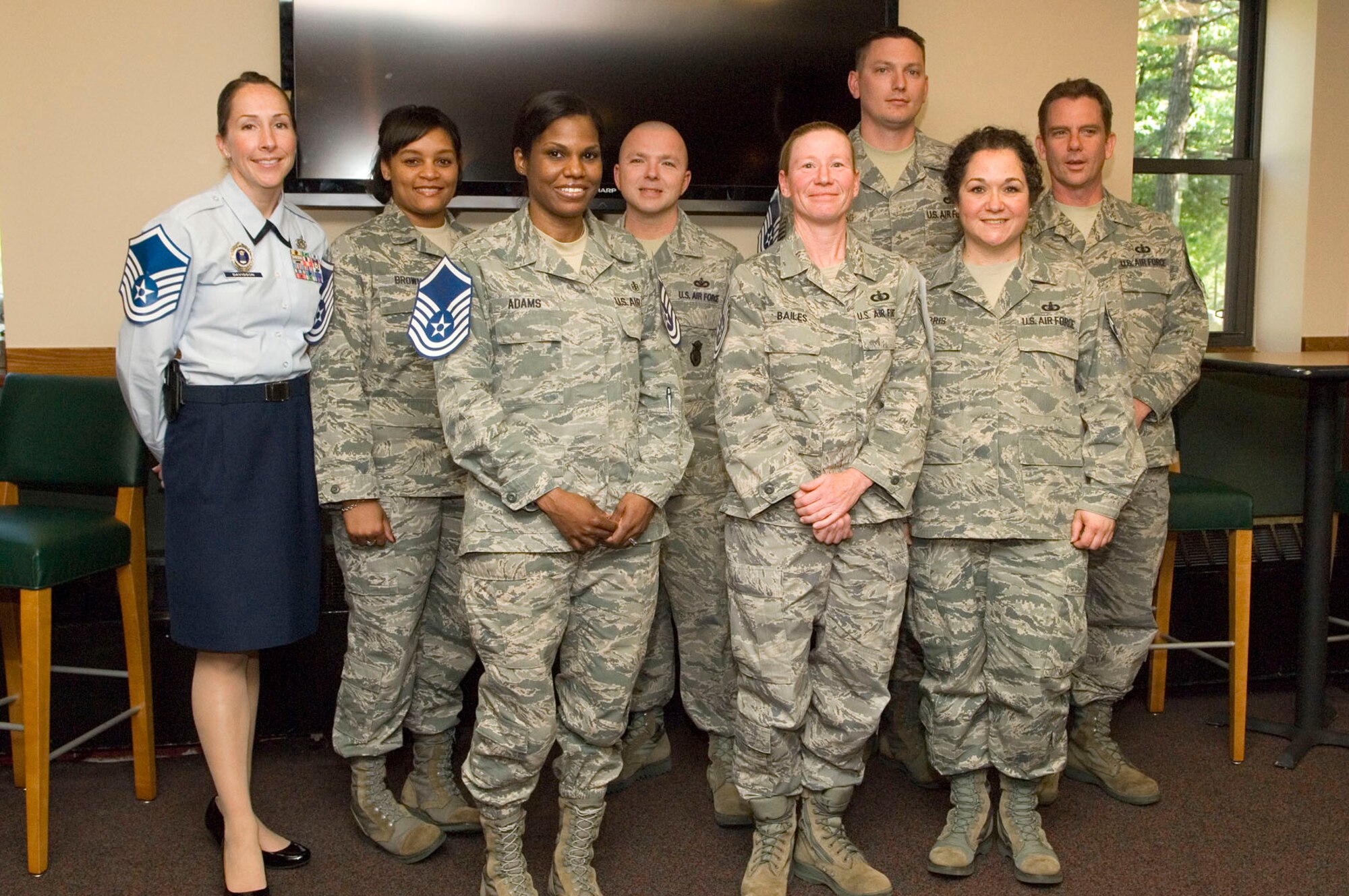 HANSCOM AIR FORCE BASE, Mass. – Some of Hanscom’s newest master sergeant selects show off their new stripes during a promotion celebration at the Minuteman Commons May 17. A total of 12 technical sergeants were selected to move to the senior NCO ranks. (U.S. Air Force photo by Mark Wyatt)