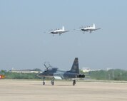 A T-38 Talon departs Joint Base San Antonio-Randolph May 17. The T-38 is being returned to Sheppard Air Force Base, Texas, after being modified by the 571st Aircraft Maintenance Squadron here. (U.S. Air Force photo by Rich McFadden) 