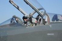 Lt. Col. Ripley Woodard, 415th Flight Test Flight commander, gets ready for takeoff May 17 in a T-38 Talon from Joint Base San Antonio-Randolph, Texas. The T-38 is being returned to Sheppard Air Force Base, Texas, after being modified by the 571st Aircraft Maintenance Squadron here. (U.S. Air Force photo by Rich McFadden) 