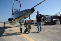 Keith Barnes (right), 571st Aircraft Maintenance Squadron contractor and Lt. Col. Ripley Woodard, 415th Flight Test Flight commander, perform checks on a T-38 Talon prior to takeoff May 17 from Joint Base San Antonio-Randolph, Texas. The T-38 is being returned to Sheppard Air Force Base, Texas after being modified by the 571st here. (U.S. Air Force photo by Rich McFadden) 