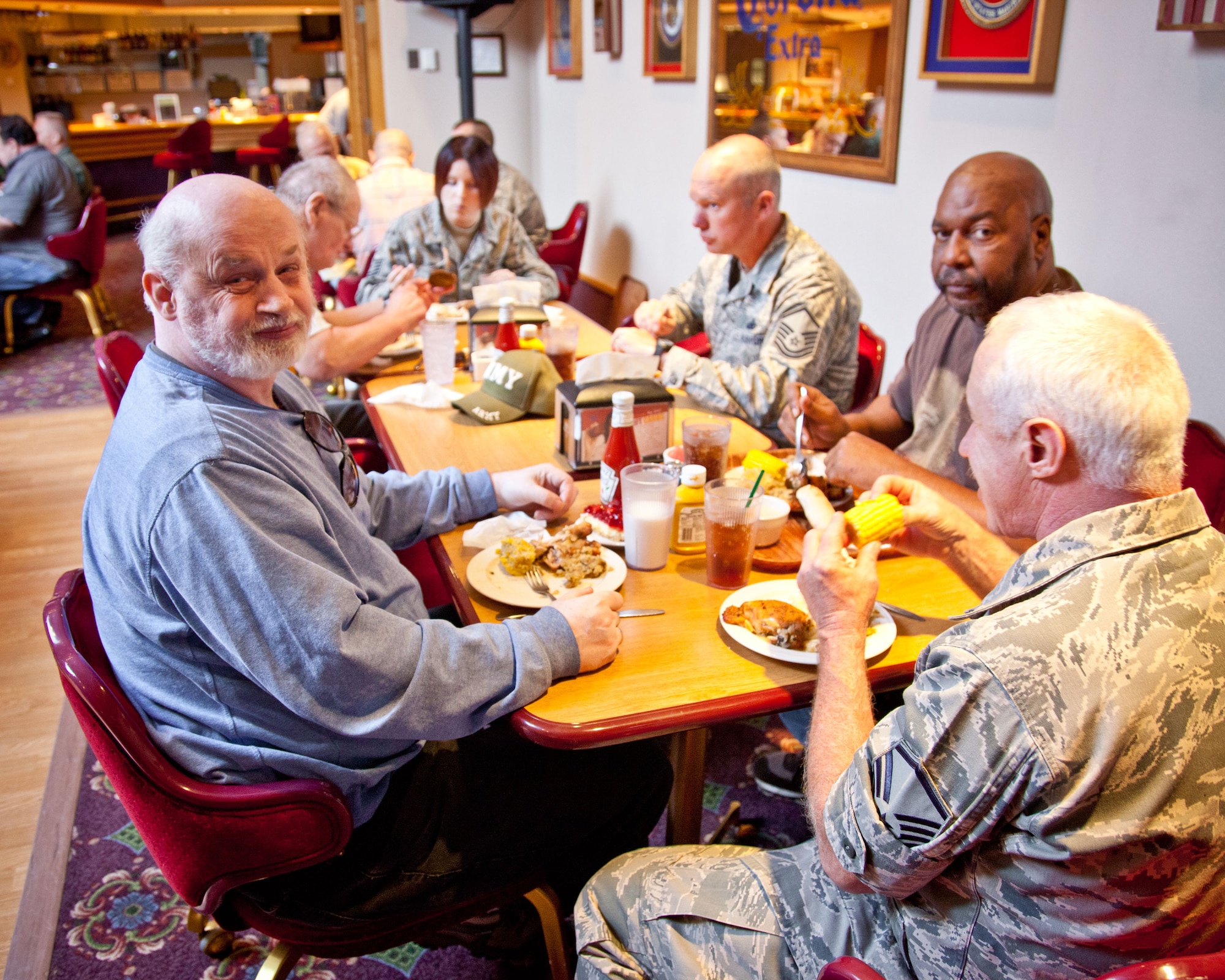 The 934th Airlift Wing hosts residents of the Minnesota Veterans Homes in Minneapolis and Hastings for the annual Take a Vet to Lunch.  Veterans join members of the 934 AW for an afternoon of lunch, conversation, and tours at the Minneapolis-St. Paul Air Reserve Station, Minn.  (U.S. Air Force Photo/Shannon McKay)