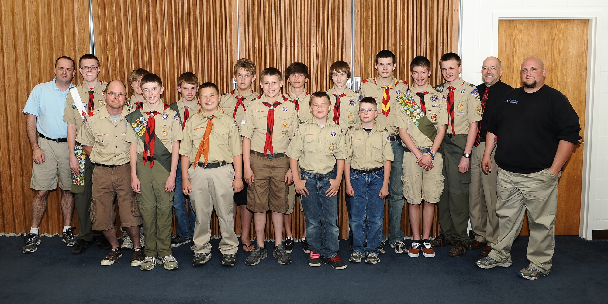 MINOT AIR FORCE BASE, N.D. -- Troop 437, the group of boy scouts and four adult leaders pictured here, worked for over 2 hours picking up flood debris and trash at the Dakota Bark Park and on a 2 mile stretch of the walking/biking path along the Highway 83 bypass. The slogan of the Boy Scout of America is "do a good turn daily," or in other words help those around you each day—and that is exactly what they did on the weekend of May 12. The scouts collected approximately 20 bags of trash, as well as wood and household items left behind by last year's flood waters. Aside from learning about camping and other skills, community service is a big part of the scouting program. The troop on Minot Air Force Base has been going strong for the last several years, in 2008 it was almost gone with only four scouts participating, but now there are over 25 participants. The troop faces some unique challenges due to the number of scouts that come to and move out of the area each year, but like good scouts, the troop will always be prepared for any challenges they face. (U.S. Air Force photo/Airman 1st Class Kristoffer Kaubisch)