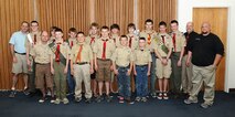 MINOT AIR FORCE BASE, N.D. -- Troop 437, the group of boy scouts and four adult leaders pictured here, worked for over 2 hours picking up flood debris and trash at the Dakota Bark Park and on a 2 mile stretch of the walking/biking path along the Highway 83 bypass. The slogan of the Boy Scout of America is "do a good turn daily," or in other words help those around you each day—and that is exactly what they did on the weekend of May 12. The scouts collected approximately 20 bags of trash, as well as wood and household items left behind by last year's flood waters. Aside from learning about camping and other skills, community service is a big part of the scouting program. The troop on Minot Air Force Base has been going strong for the last several years, in 2008 it was almost gone with only four scouts participating, but now there are over 25 participants. The troop faces some unique challenges due to the number of scouts that come to and move out of the area each year, but like good scouts, the troop will always be prepared for any challenges they face. (U.S. Air Force photo/Airman 1st Class Kristoffer Kaubisch)