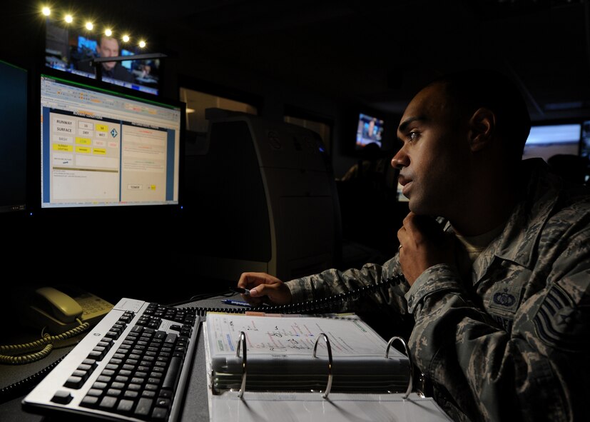 Tech. Sgt. Anthony James reports runway conditions to the flight tower at Dyess Air Force Base, Texas. The command post provides a number of critical services to the base, from emergency response and leadership tracking to monitoring of flight operations and alert systems. (U.S. Air Force photo by Airman 1st Class Jonathan Stefanko/ Released)