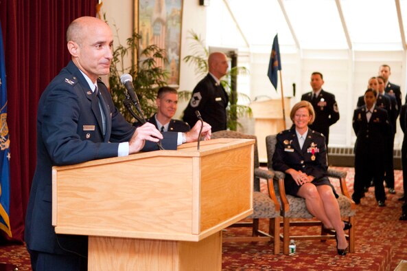 HANSCOM AIR FORCE BASE, Mass. – Col. Lester A. Weilacher speaks to the audience during the 66th Air Base Group Change of Command ceremony at the Minuteman Commons May 21. Weilacher assumed command from Col. Stacy L. Yike who is retiring after more than 20 years of service. (U.S. Air Force photo by Mark Wyatt)