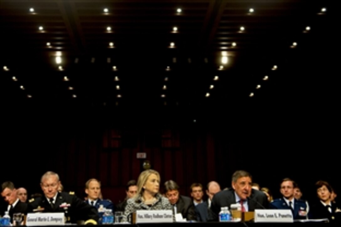 Defense Secretary Leon E. Panetta, right, Secretary of State Hillary Rodham Clinton and Army Gen. Martin E. Dempsey, chairman of the Joint Chiefs of Staff, testify on Law of the Sea Convention before the Senate Foreign Relations Committee in Washington, D.C., May 23, 2012.