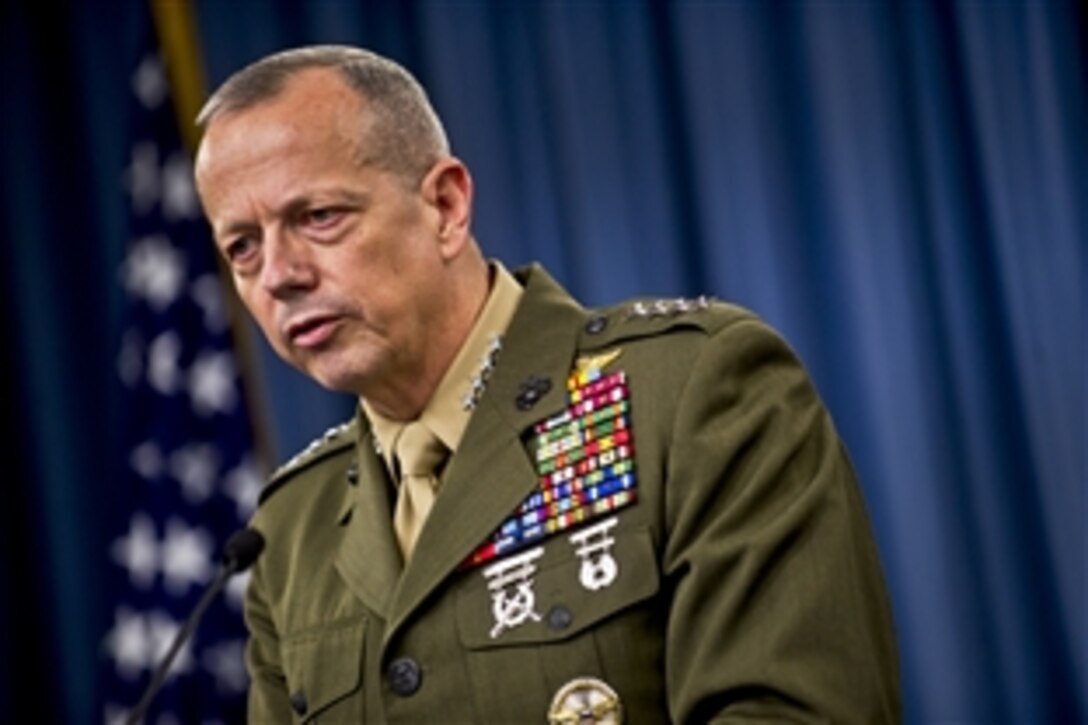 Marine Corps Gen. John R. Allen, commander of U.S. and international forces in Afghanistan, briefs the media at the Pentagon, May 23, 2012.