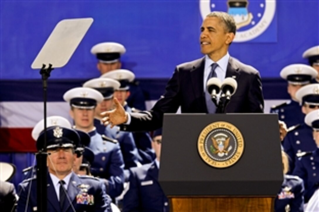 President Barack Obama speaks at the graduation ceremony for the U.S. Air Force Academy in Colorado Springs, Colo., May 23, 2012. Obama called the academy's class of 2012 "exceptional" for the spirit embodied in its class motto: "Never Falter, Never Fail." 