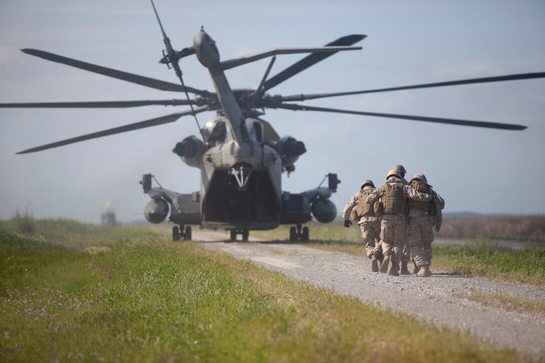 Service members with 2nd and 4th Air Naval Gunfire Liaison Companies help get an injured casualty to a helicopter for evacuation during a training simulation aboard Piney Island, May 8.