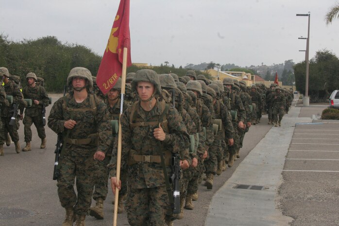 The recruits of Company E, 2nd Recruit Training Battalion, complete a six-mile sustainment hike around base May 12 aboard Marine Corps Recruit Depot San Diego. The sustainment hike helps prepare the recruits for the amount of hiking they'll complete on the Crucible, a 54-hour field-training exercise. More than 50 miles are hiked over the two days of the culminating event.