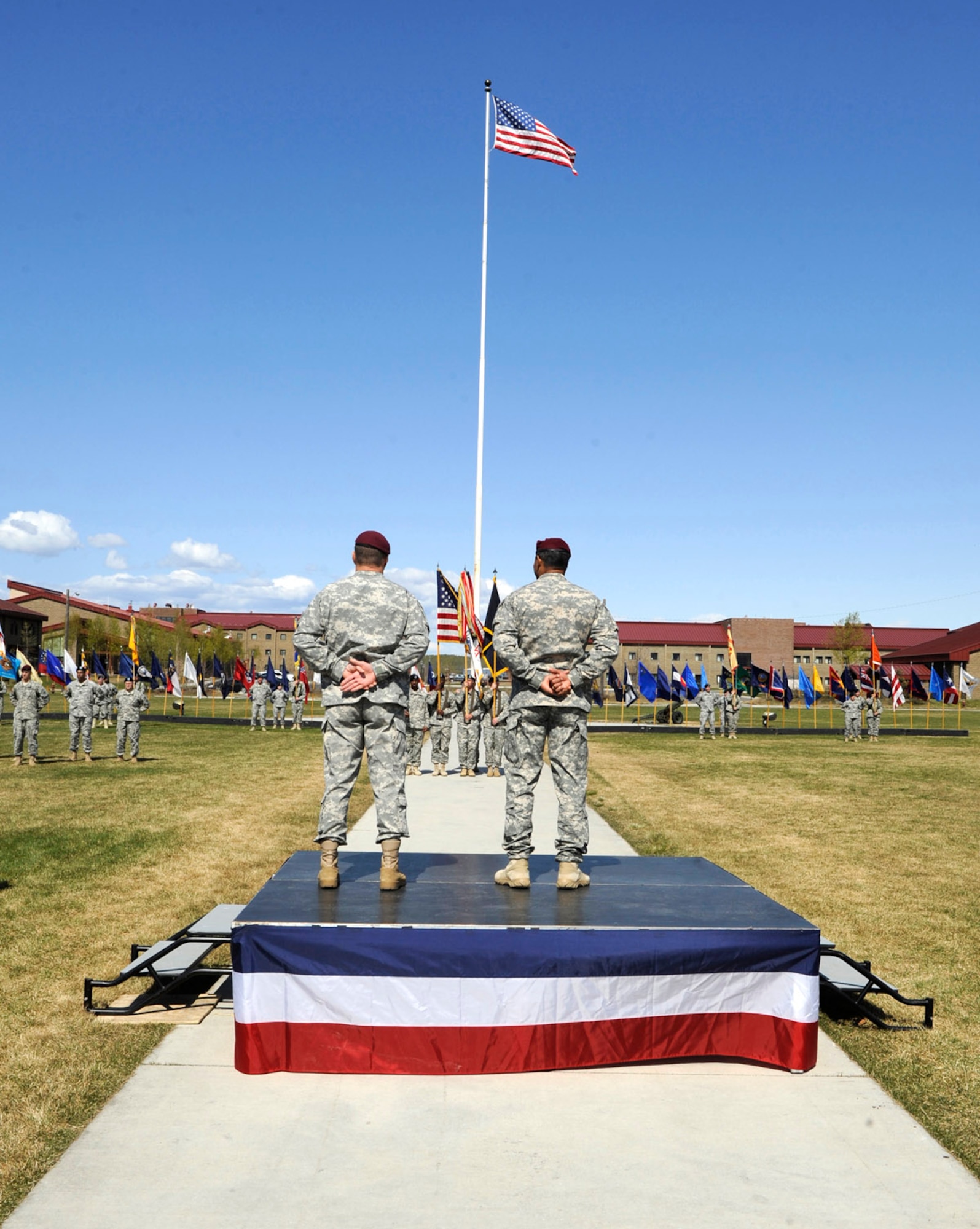 JOINT BASE ELMENDORF-RICHARDSON,Alaska -- Army Maj. Gen. Raymond Palumbo (left) and Maj. Gen. Michael Garrett look on during the U.S. Army Alaska change of command ceremony.  (USAF Photo by Steven White/JBER PA)