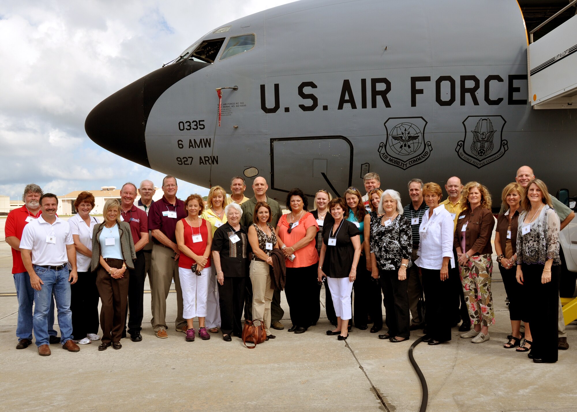 Civic leaders from Okaloosa and Santa Rosa counties pose for a group photo in front of a 927th Air Refueling Wing KC-135 Stratotanker while touring MacDill Air Force Base, Fla., recently.   Each year, the 919th Special Operations Wing conducts a civic leader tour to help its community neighbors broaden their perspective of Air Force active duty and Reserve worldwide missions. (U.S. Air Force photo/Tech. Sgt. Jasmin Taylor)