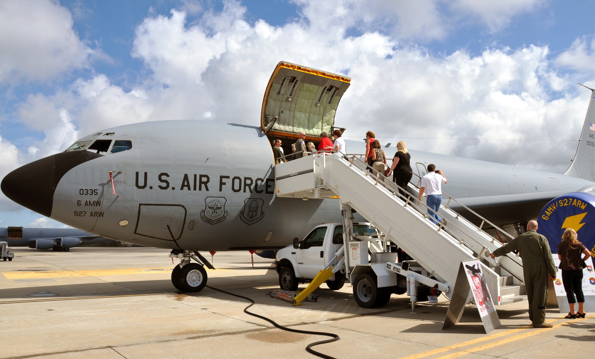 Civic leaders from Okaloosa and Santa Rosa County tour a KC-135 Stratotanker aircraft parked on the flightline at MacDill AFB, Fla., recently.  Each year, the 919th Special Operations Wing conducts a civic leader tour to help its community neighbors broaden their perspective of Air Force active duty and Reserve worldwide missions. (U.S. Air Force photo/Tech. Sgt. Jasmin Taylor)