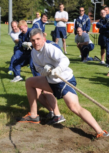 Members of the 93rd Air Refueling Squadron participate in the Tug-o-War event for the Commander’s Cup Challenge at Fairchild Air Force Base, Wash., May 24, 2012. The 93rd ARS placed third in the overall challenge. The Commander’s Cup Challenge also featured other events including a 1.6 mile run, fire truck pull and obstacle course. (U.S. Air Force photo by Senior Airman Benjamin Stratton/Released/Released)  