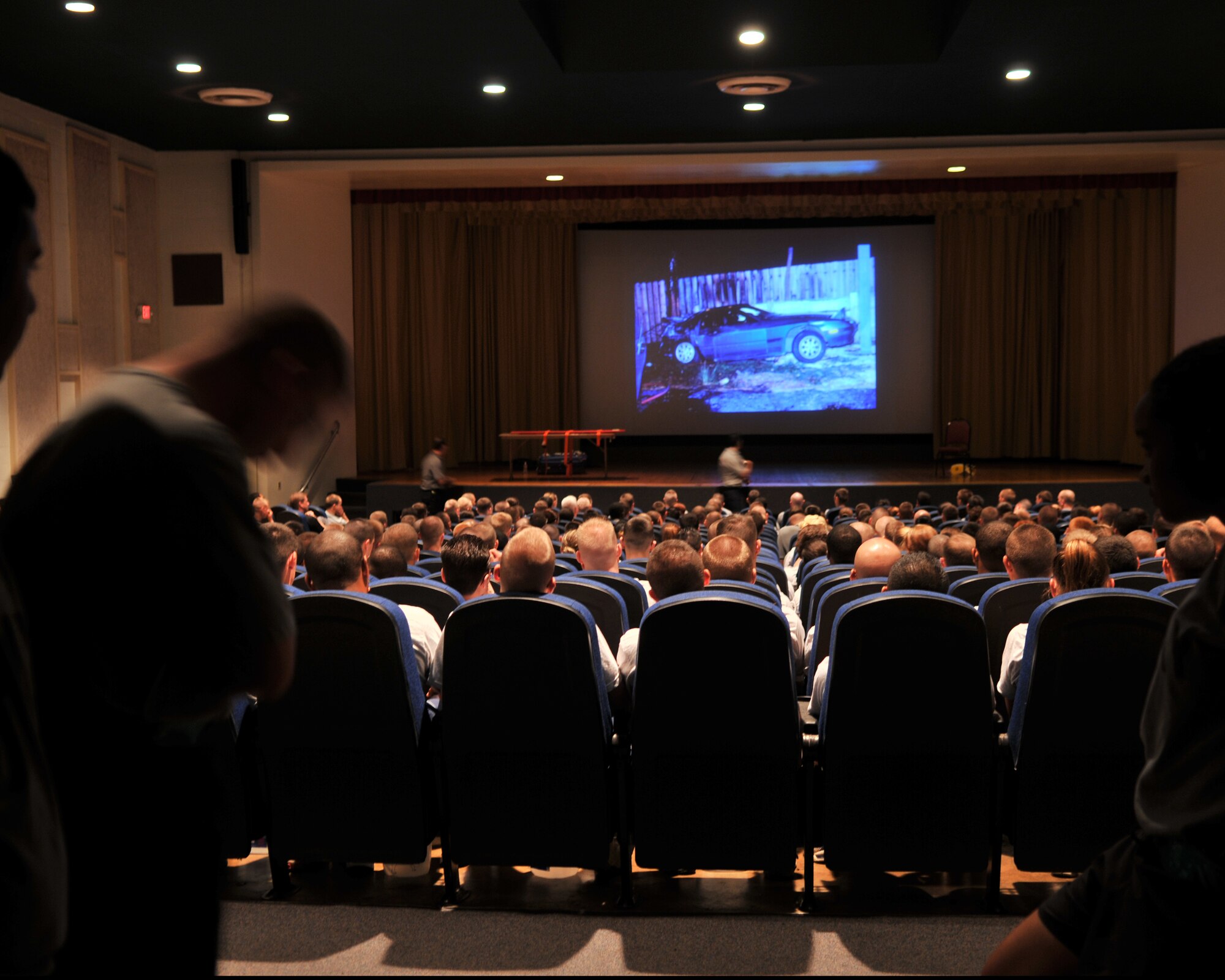GOODFELLOW AIR FORCE BASE, Texas – Team Goodfellow students filled the base theater for a Street Smart Presentation during Safety and Sports Day May 24. The event help kicks off the 101 days of summer and is part of many events which focus on safety. (U.S. Air Force photo/ Staff Sgt. Tong Duong)