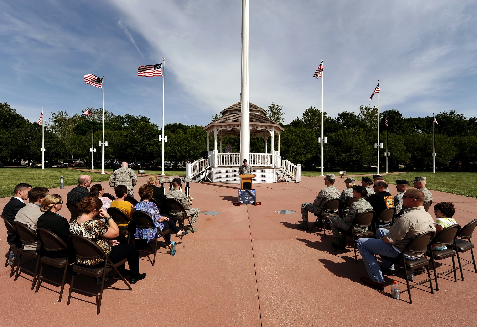 Members of local law enforcement and 55th Security Forces Squadron converged on the base parade grounds to participate in a retreat ceremony held on May 17 at Offutt Air Force Base, Neb. This year 55th SFS held the retreat ceremony during National Police Week.  (U.S. Air Force photo by Josh Plueger)