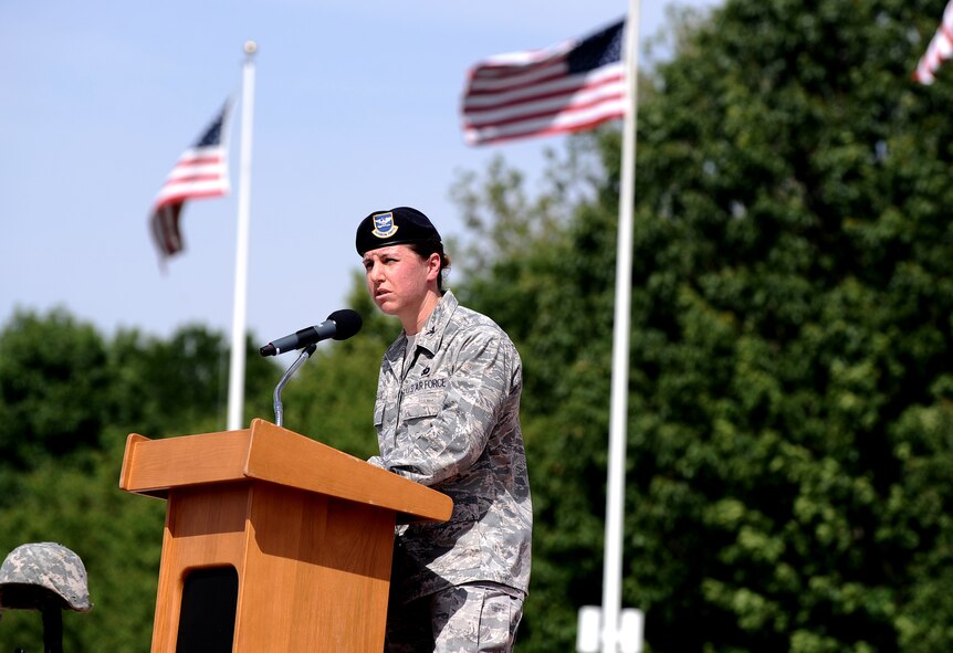 U.S. Air Force Col. Andrea Tullos, 55th Mission Support Group commander, gives opening remarks at the security forces retreat held at the Parade Grounds May 17 at Offutt Air Force Base, Neb. The security forces retreat coincided with the annual police week that began May 15.  (U.S. Air Force photo by Josh Plueger)