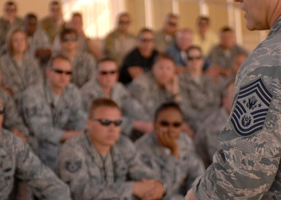 Chief Master Sgt. of the Air Force James A. Roy addresses Airmen deployed in support of Exercise Eager Lion 12 May 19, 2012, in Amman, Jordan. Eager Lion 12 is a recurring, multinational exercise designed to strengthen military-to-military relationships and interoperability among 19 partner nations as they navigate scenarios simulating future complex national security challenges. (U.S. Air Force photo/1st Lt. Nicholas Mercurio)


