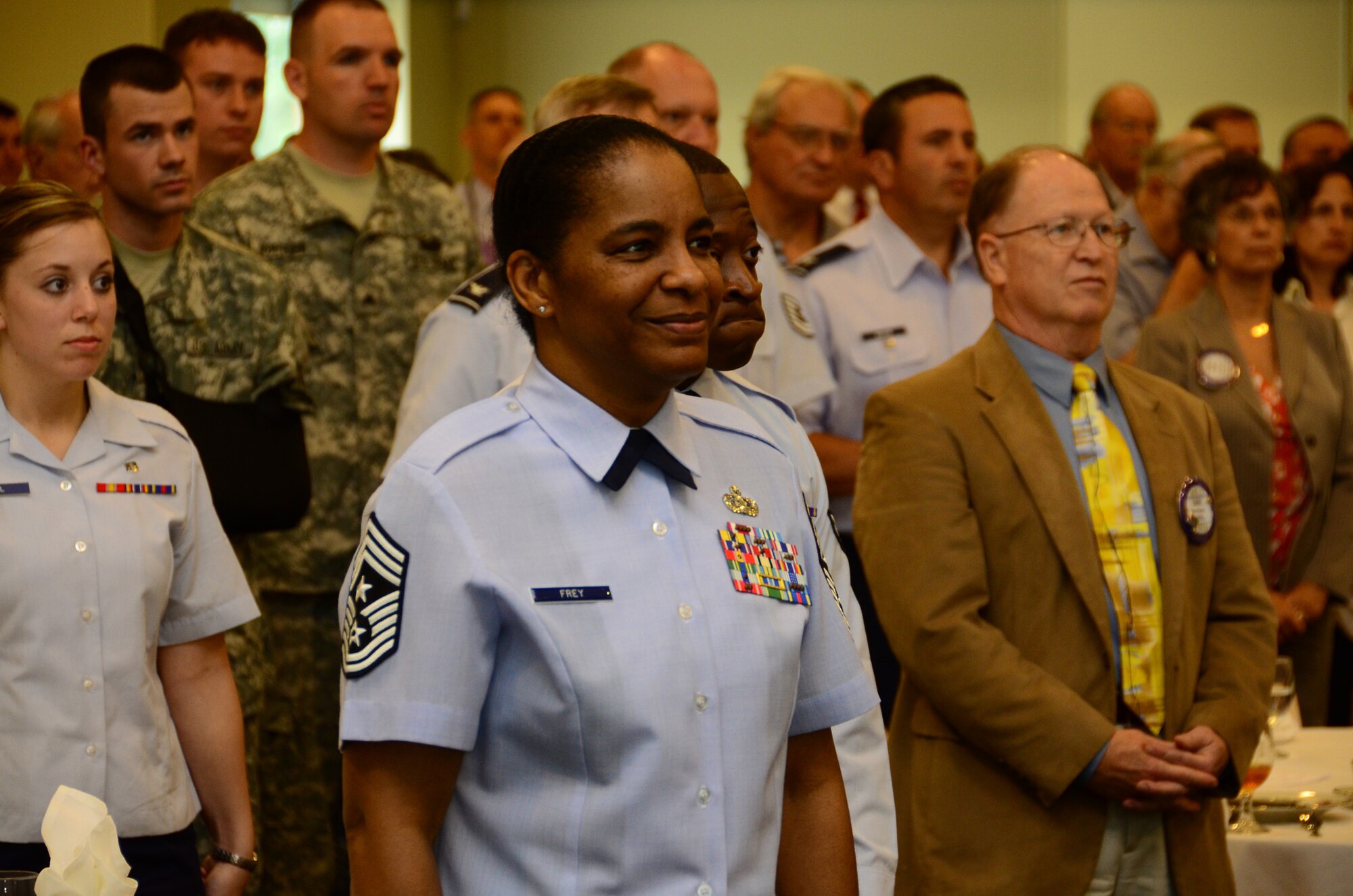 WRIGHT-PATTERSON AIR FORCE BASE, Ohio – Chief Master Sgt. Shelina Frey, Command Chief Master Sergeant for the Air Force Materiel Command’s Aeronautical Systems Center and the 88th Air Base Wing, was one of more than 235 guests participating in the 31st Annual Armed Forces Day luncheon in Springfield, Ohio, May 7. The luncheon, sponsored by the Springfield Rotary Club, Springfield Kiwanis Club, Springfield Exchange Club and the Miami Valley Military Affairs Association, is held annually to recognize and honor area military units, installations and assigned personnel who serve the Springfield-Clark County community, the State of Ohio and the United States. (U.S. Air Force photo/Staff Sgt. Mikhail Berlin)